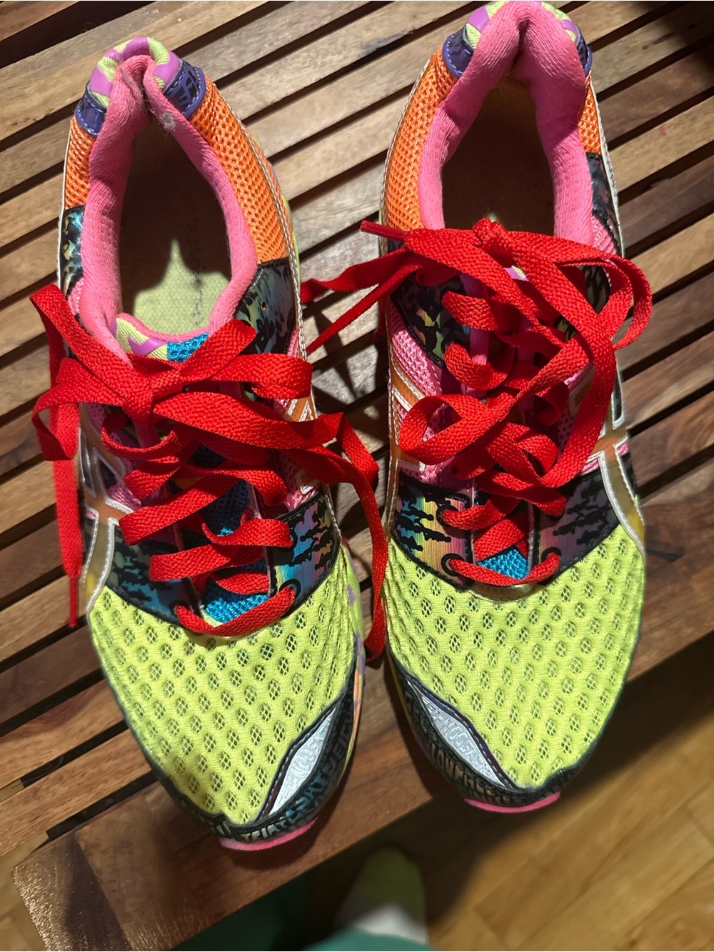 Asics Women's Neon Yellow, Orange & Pink Athletic Sneakers with Red Laces